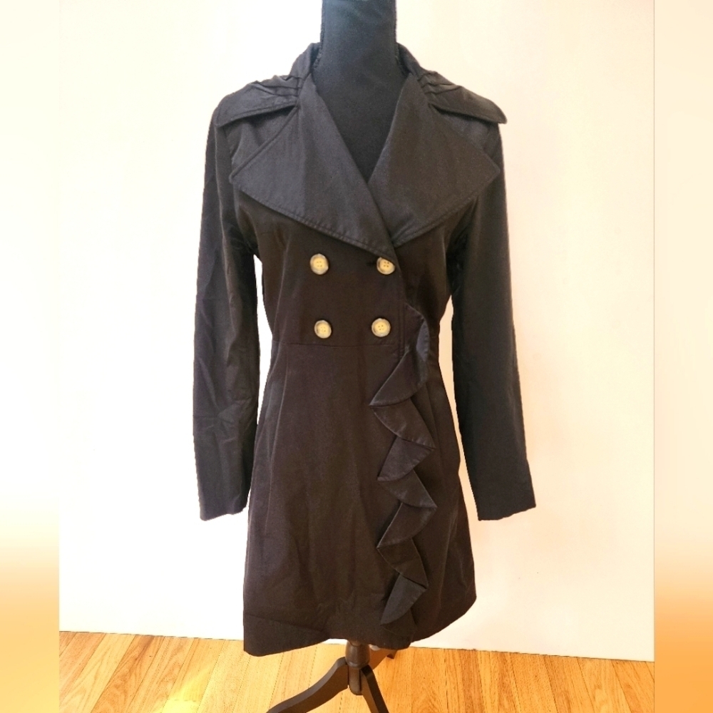 CYNTHIA ROWLEY Black Satin Double Breasted Ruffled Rain/Trench Coat
